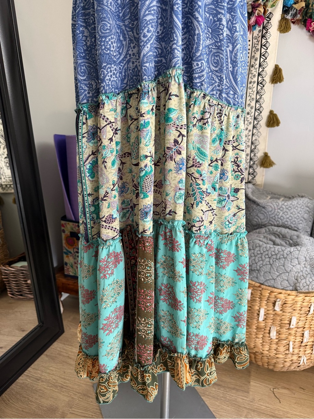 NWOT Smocked Boho Maxi Dress in Blue and Teal Patchwork - Picture 5 of 8